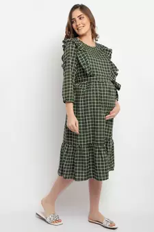 Moms Maternity Women's Maternity Crepe Striped Print Olive Midi Dress