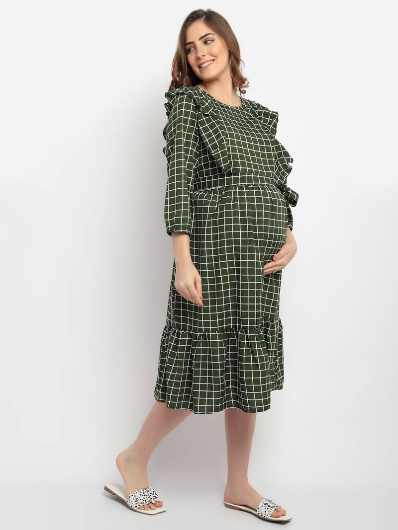 Moms Maternity Women's Maternity Crepe Striped Print Olive Midi Dress