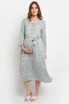 Moms Maternity Women's Maternity Rayon Floral Print Green Midi Dress