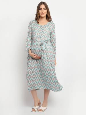 Moms Maternity Women's Maternity Rayon Floral Print Green Midi Dress 1