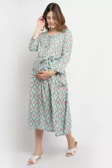 Moms Maternity Women's Maternity Rayon Floral Print Green Midi Dress