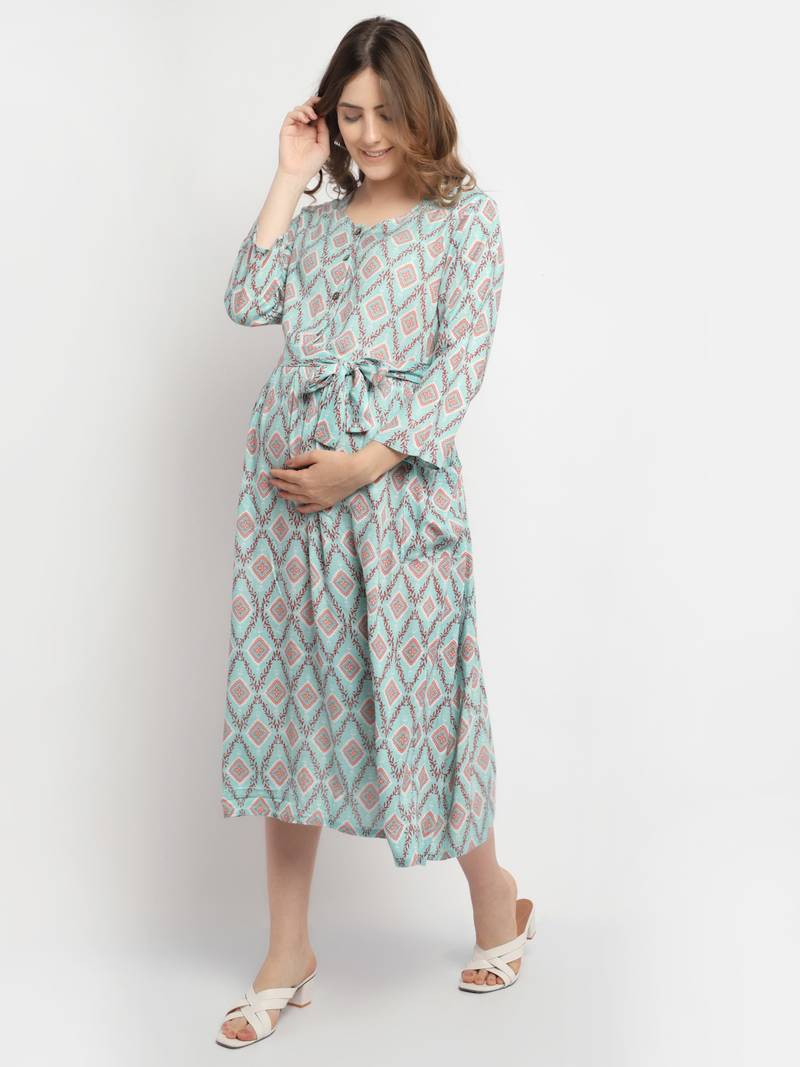 Moms Maternity Women's Maternity Rayon Floral Print Green Midi Dress