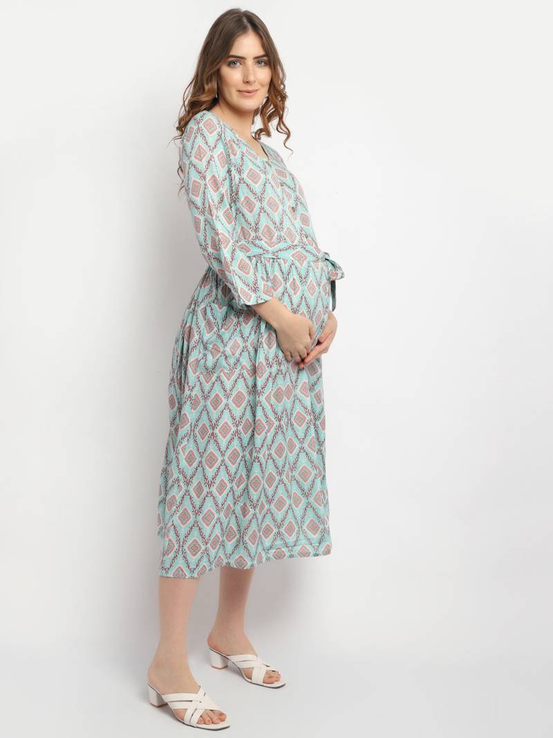 Moms Maternity Women's Maternity Rayon Floral Print Green Midi Dress