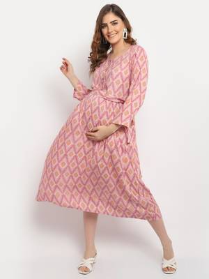 Moms Maternity Women's Maternity Rayon Floral Print Pink Midi Dress 1