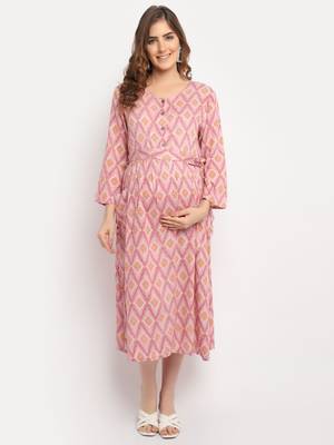 Moms Maternity Women's Maternity Rayon Floral Print Pink Midi Dress 2