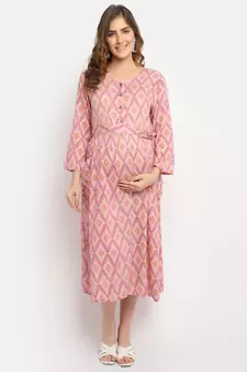 Moms Maternity Women's Maternity Rayon Floral Print Pink Midi Dress