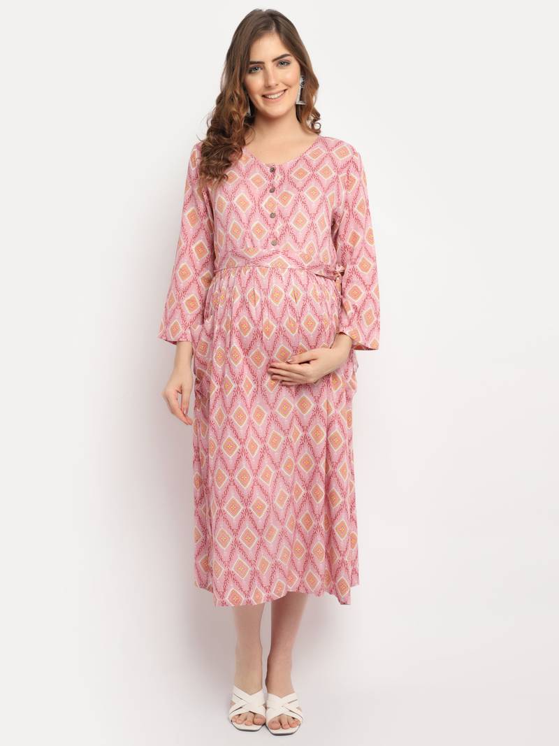 Moms Maternity Women's Maternity Rayon Floral Print Pink Midi Dress