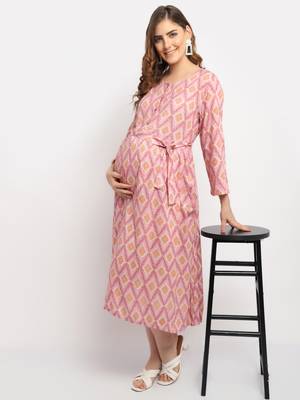 Moms Maternity Women's Maternity Rayon Floral Print Pink Midi Dress 3