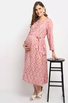 Moms Maternity Women's Maternity Rayon Floral Print Pink Midi Dress