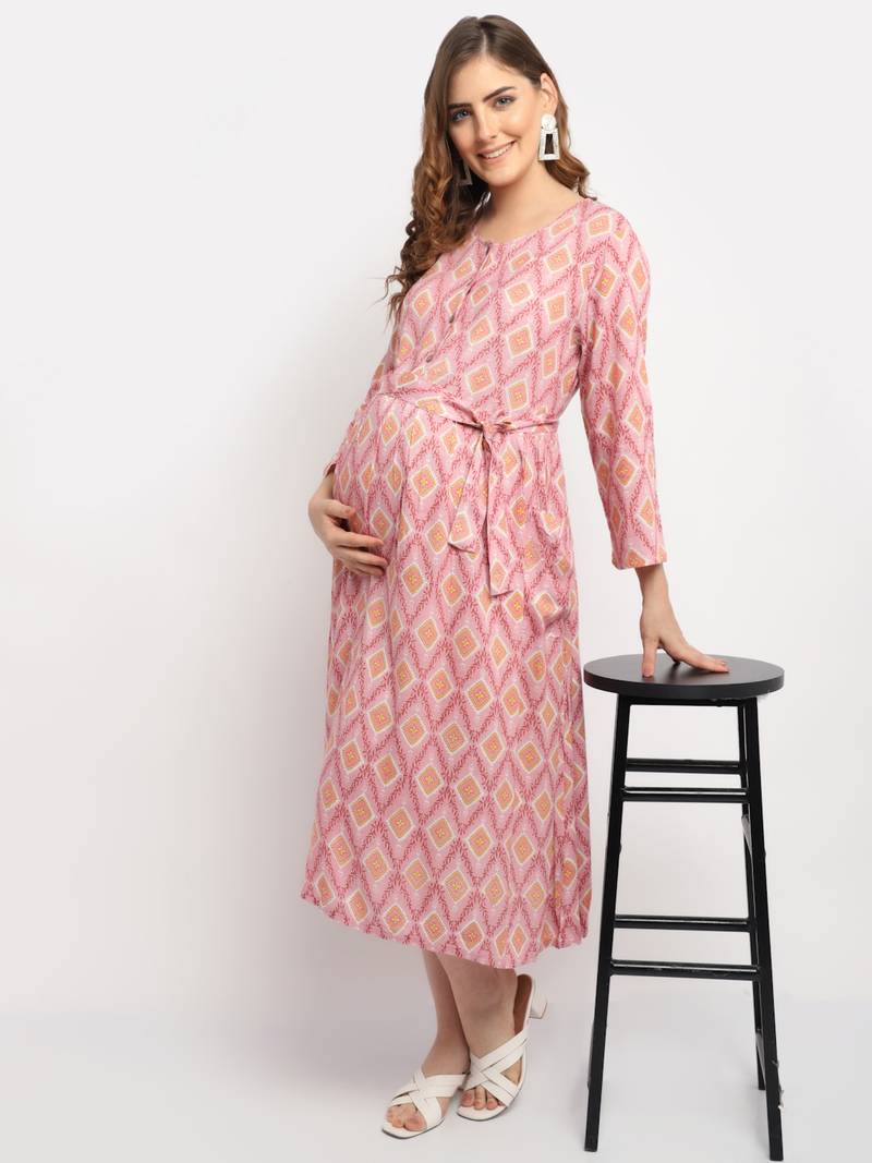 Moms Maternity Women's Maternity Rayon Floral Print Pink Midi Dress