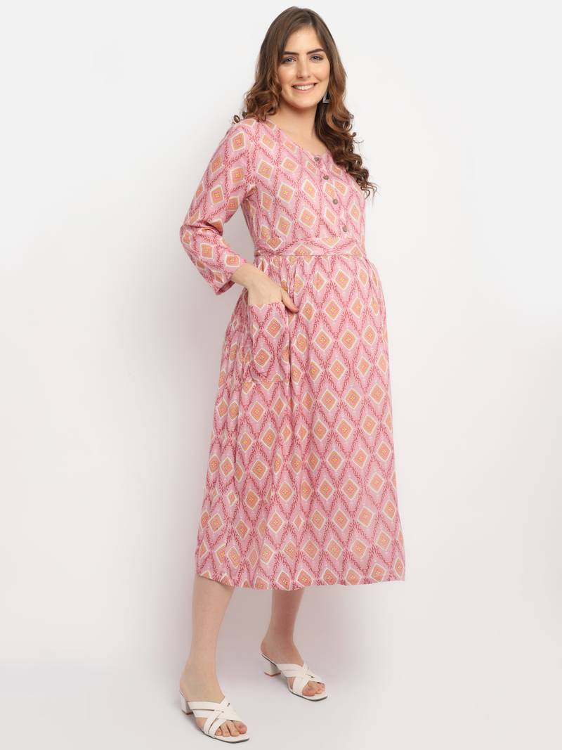 Moms Maternity Women's Maternity Rayon Floral Print Pink Midi Dress