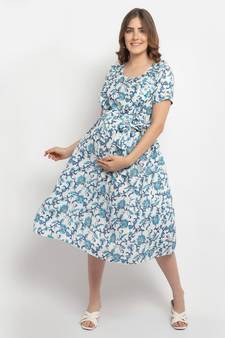 Moms Maternity Women's Maternity Rayon Floral Print Blue Midi Dress