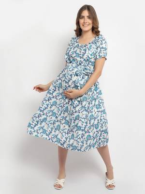 Moms Maternity Women's Maternity Rayon Floral Print Blue Midi Dress 1