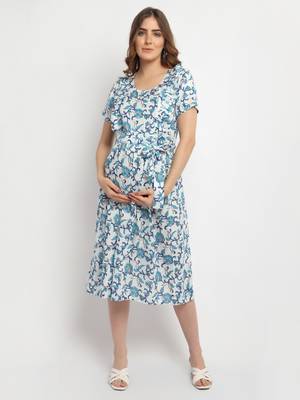 Moms Maternity Women's Maternity Rayon Floral Print Blue Midi Dress 2