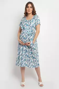 Moms Maternity Women's Maternity Rayon Floral Print Blue Midi Dress