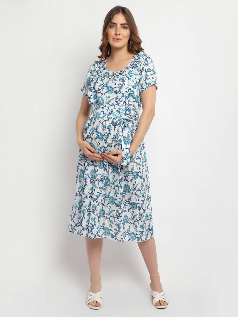 Moms Maternity Women's Maternity Rayon Floral Print Blue Midi Dress