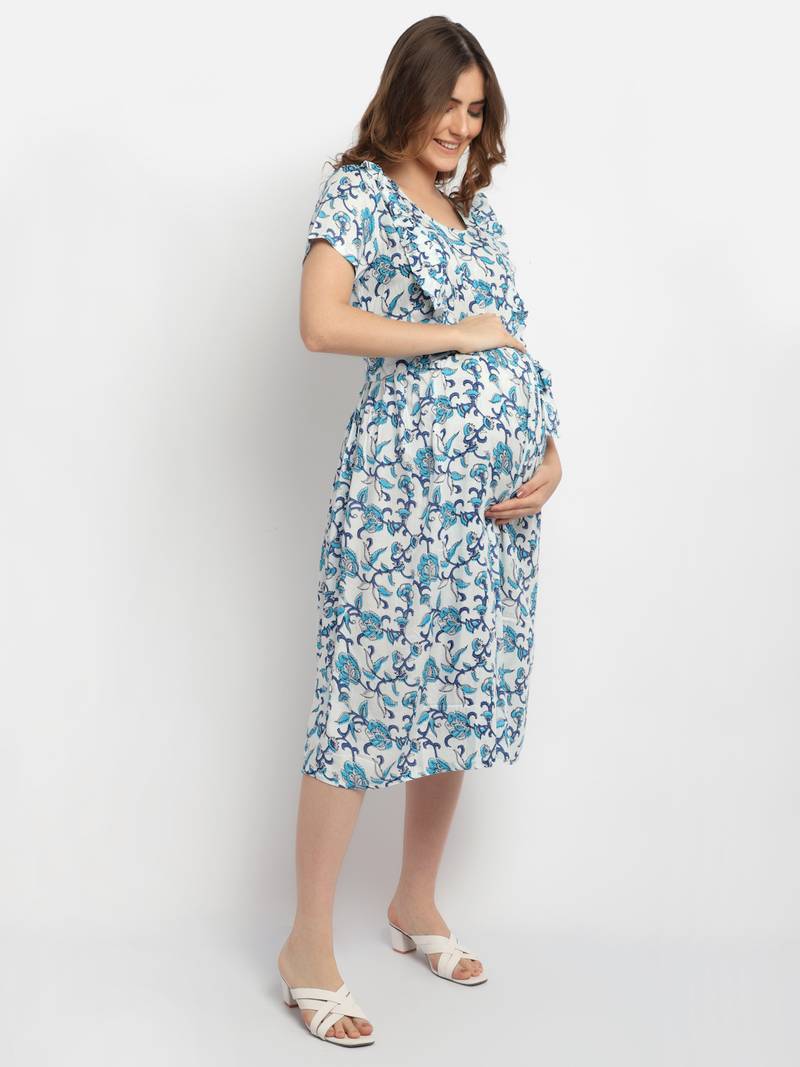 Moms Maternity Women's Maternity Rayon Floral Print Blue Midi Dress
