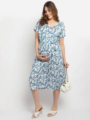 Moms Maternity Women's Maternity Rayon Floral Print Blue Midi Dress 4