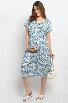 Moms Maternity Women's Maternity Rayon Floral Print Blue Midi Dress