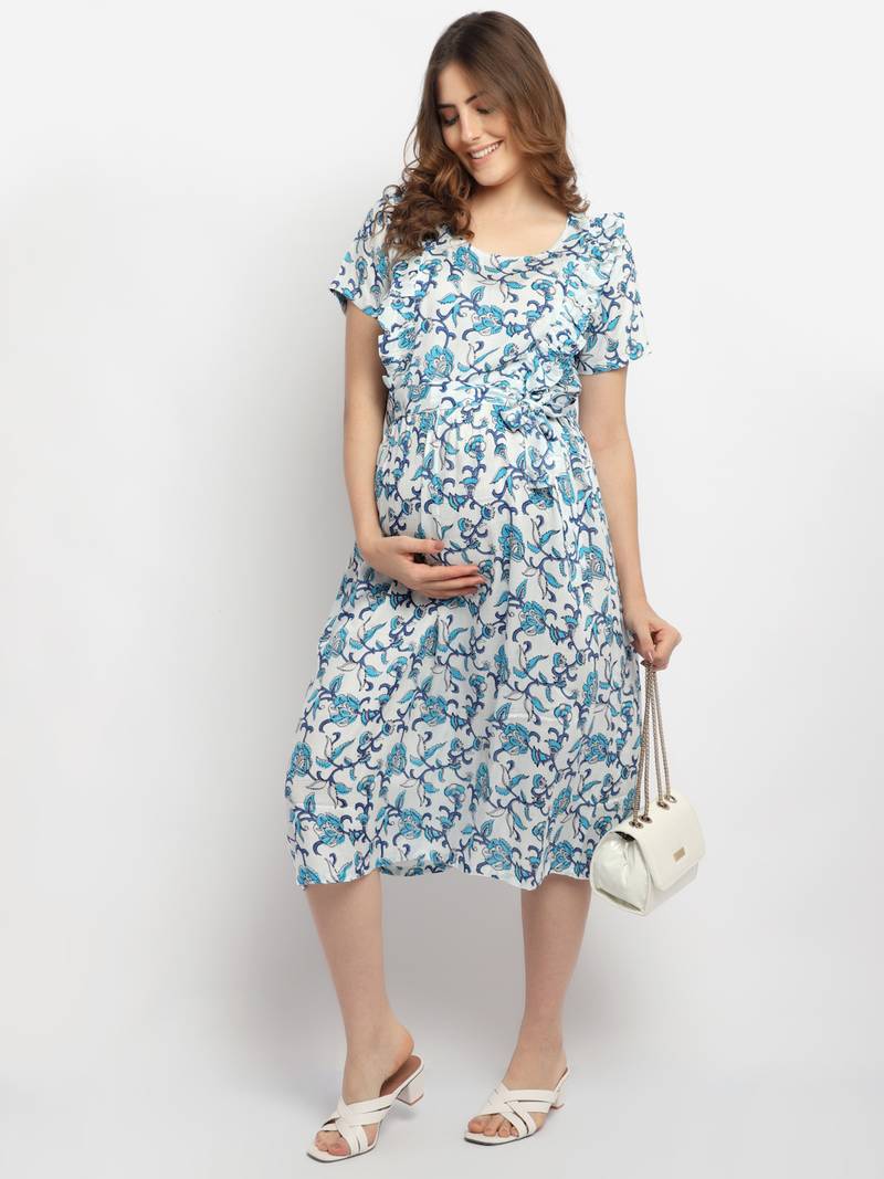 Moms Maternity Women's Maternity Rayon Floral Print Blue Midi Dress