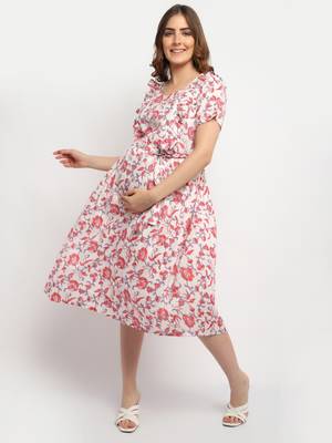 Moms Maternity Women's Maternity Rayon Floral Print Red Midi Dress 1