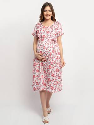 Moms Maternity Women's Maternity Rayon Floral Print Red Midi Dress 2