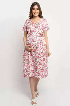 Moms Maternity Women's Maternity Rayon Floral Print Red Midi Dress