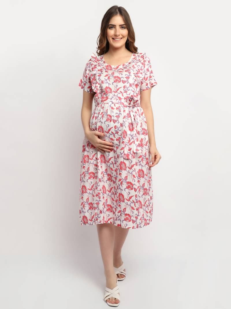 Moms Maternity Women's Maternity Rayon Floral Print Red Midi Dress