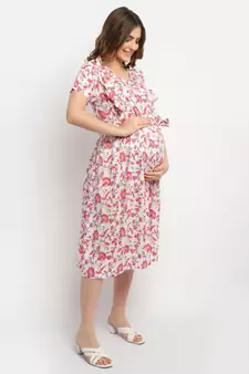 Moms Maternity Women's Maternity Rayon Floral Print Red Midi Dress
