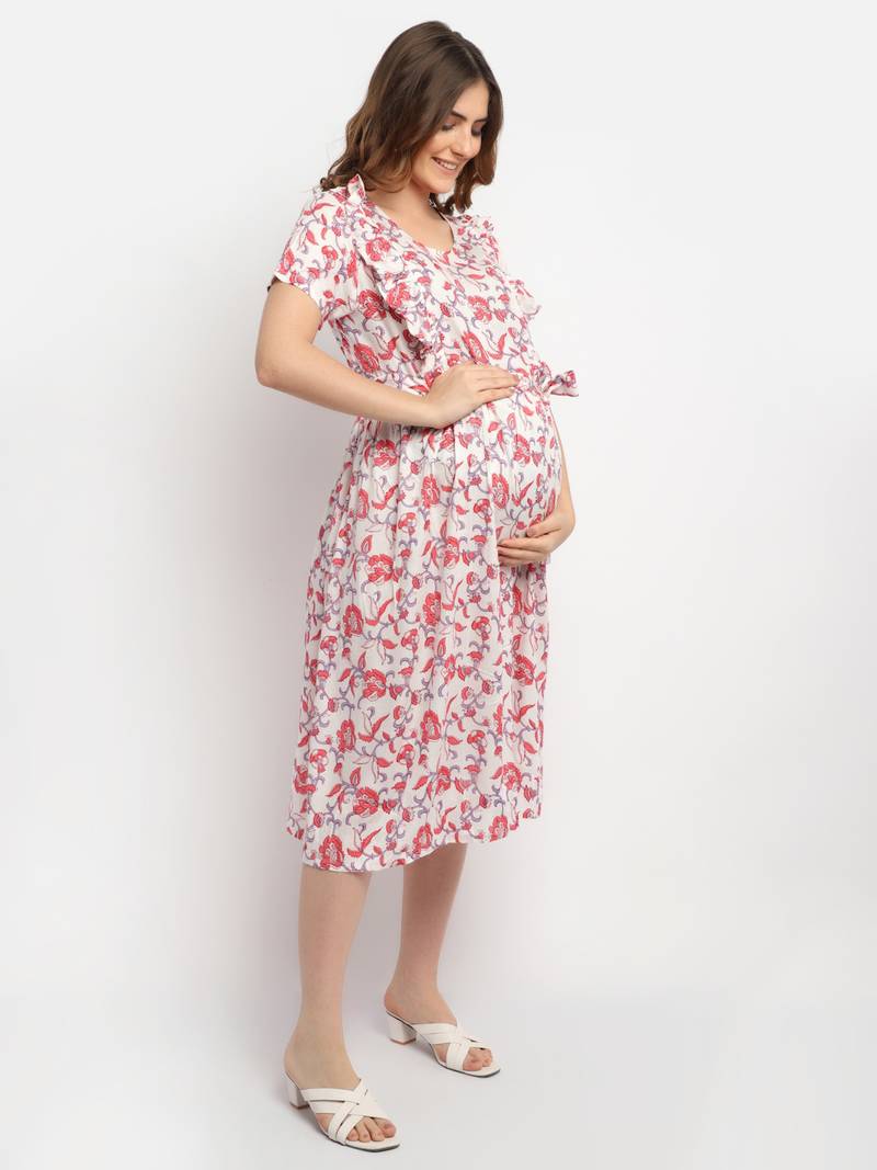 Moms Maternity Women's Maternity Rayon Floral Print Red Midi Dress