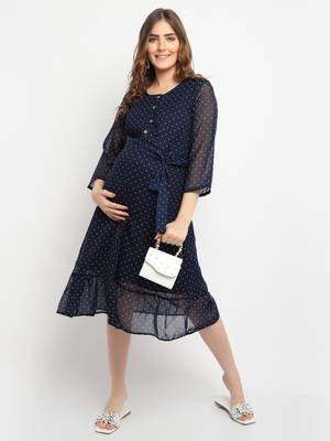 Moms Maternity Women's Maternity Georgette Polka Dot Print Navy Blue Midi Dress 1