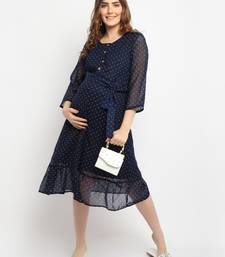 Moms Maternity Women's Maternity Georgette Polka Dot Print Navy Blue Midi Dress