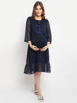 Moms Maternity Women's Maternity Georgette Polka Dot Print Navy Blue Midi Dress 2