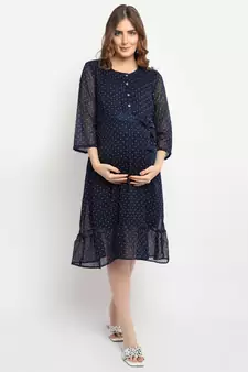 Moms Maternity Women's Maternity Georgette Polka Dot Print Navy Blue Midi Dress