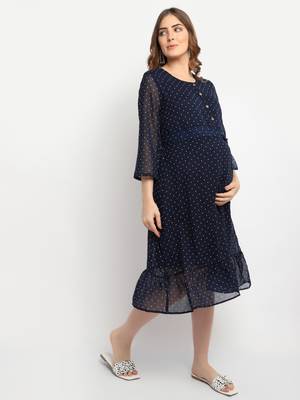 Moms Maternity Women's Maternity Georgette Polka Dot Print Navy Blue Midi Dress 3