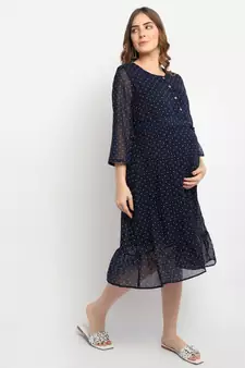 Moms Maternity Women's Maternity Georgette Polka Dot Print Navy Blue Midi Dress