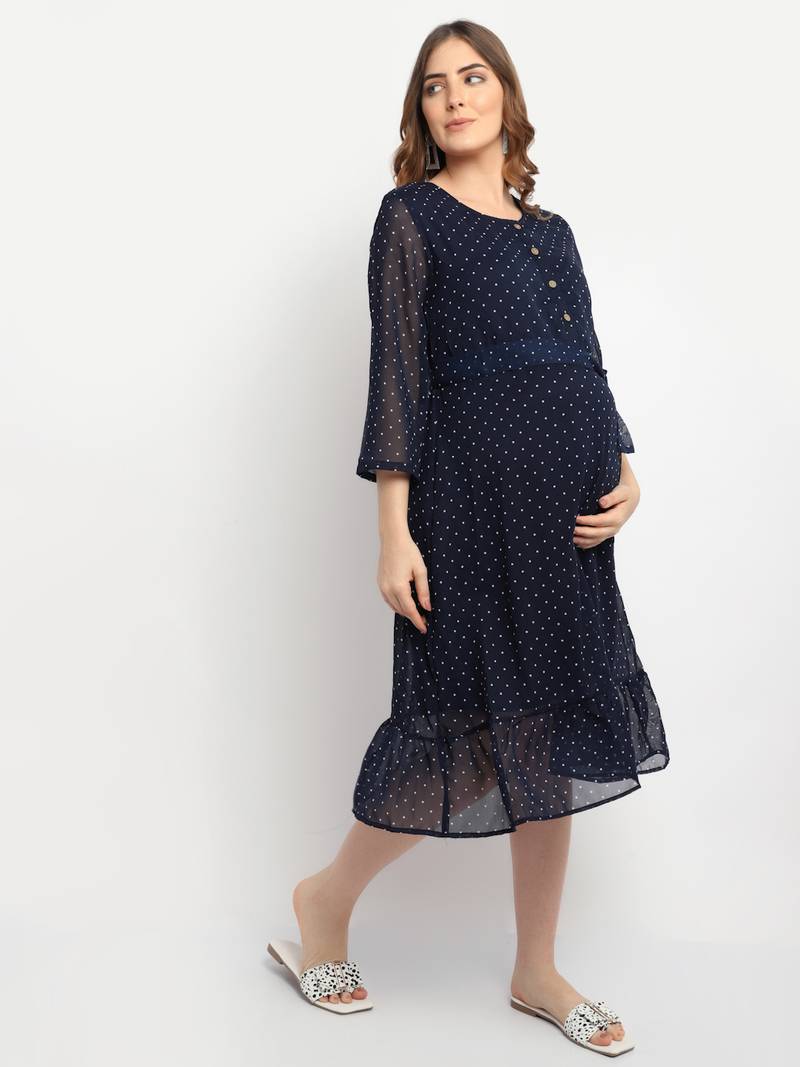 Moms Maternity Women's Maternity Georgette Polka Dot Print Navy Blue Midi Dress