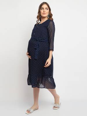 Moms Maternity Women's Maternity Georgette Polka Dot Print Navy Blue Midi Dress 4