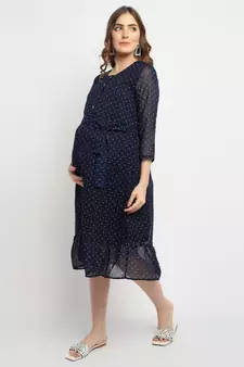 Moms Maternity Women's Maternity Georgette Polka Dot Print Navy Blue Midi Dress