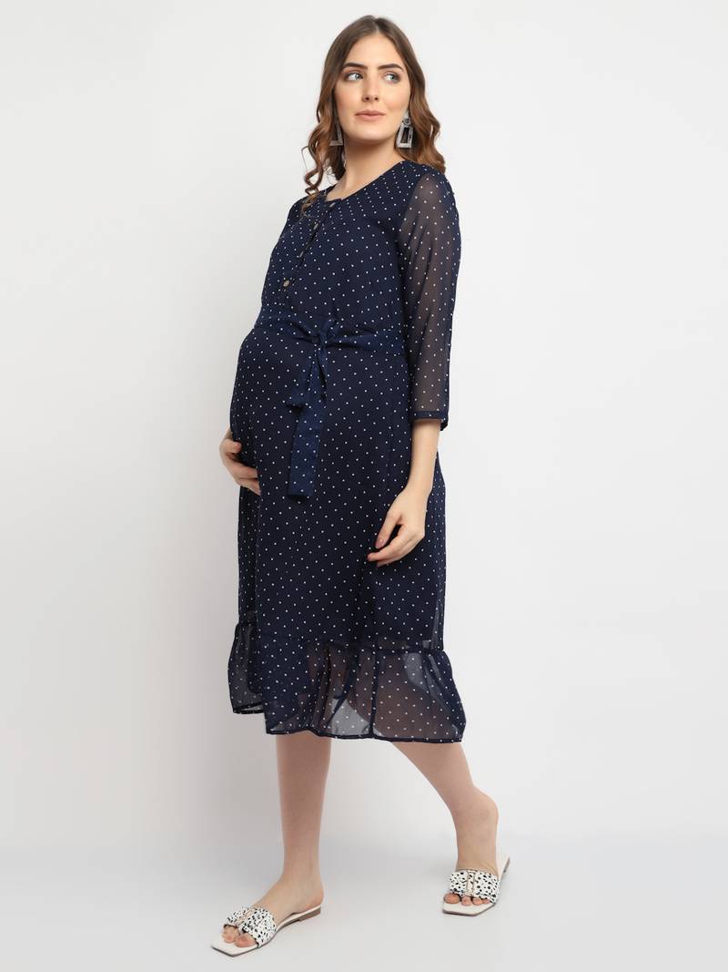 Moms Maternity Women's Maternity Georgette Polka Dot Print Navy Blue Midi Dress