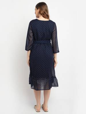 Moms Maternity Women's Maternity Georgette Polka Dot Print Navy Blue Midi Dress 5