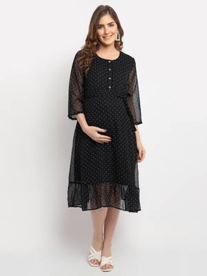 Moms Maternity Women's Maternity Georgette Polka Dot Print Black Midi Dress 1