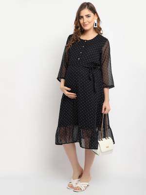 Moms Maternity Women's Maternity Georgette Polka Dot Print Black Midi Dress 2