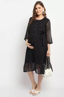 Moms Maternity Women's Maternity Georgette Polka Dot Print Black Midi Dress