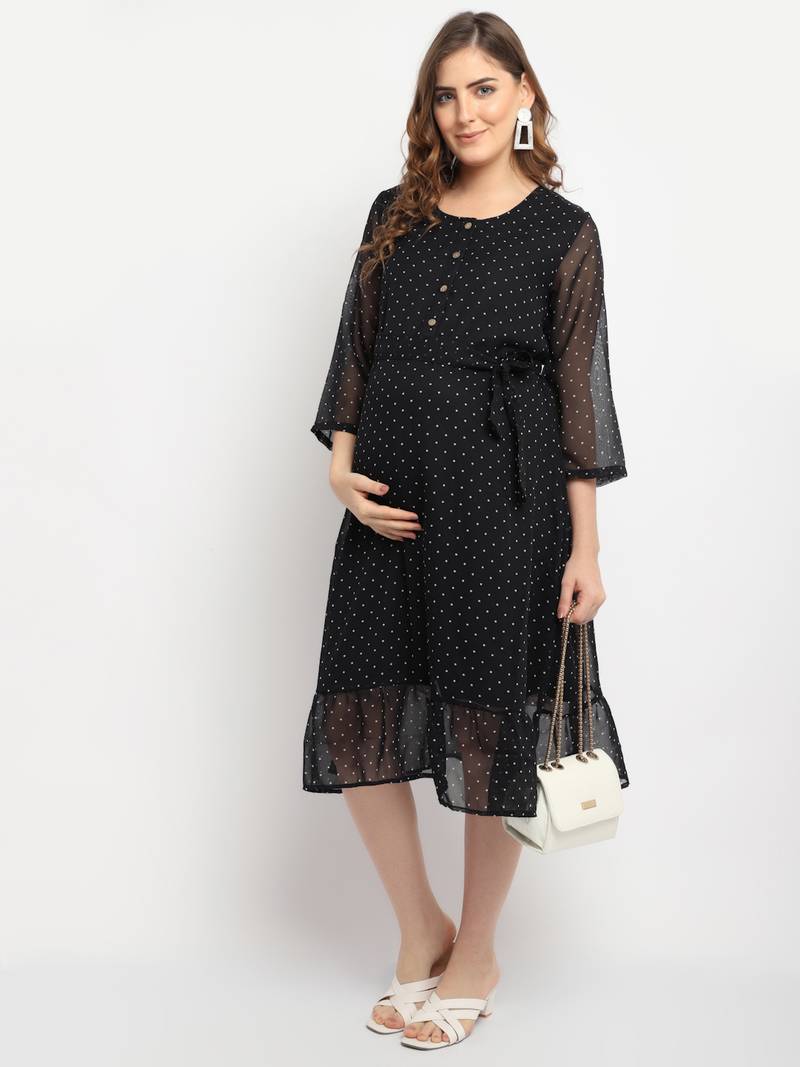 Moms Maternity Women's Maternity Georgette Polka Dot Print Black Midi Dress
