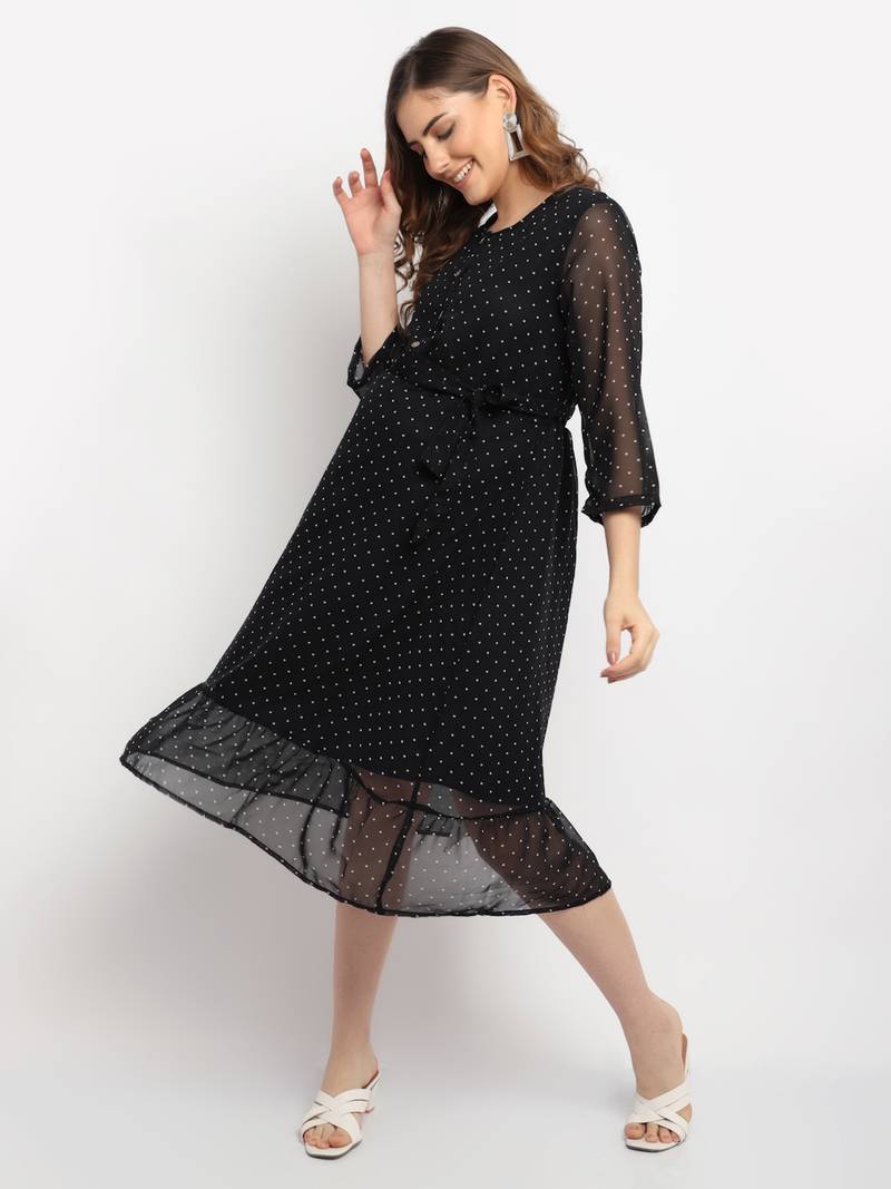 Moms Maternity Women's Maternity Georgette Polka Dot Print Black Midi Dress