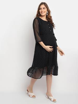 Moms Maternity Women's Maternity Georgette Polka Dot Print Black Midi Dress 4
