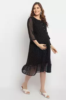 Moms Maternity Women's Maternity Georgette Polka Dot Print Black Midi Dress