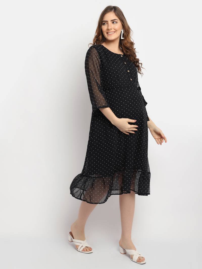 Moms Maternity Women's Maternity Georgette Polka Dot Print Black Midi Dress