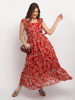 Moms Maternity Women's Maternity Georgette Floral Print Red Maxi Dress 1